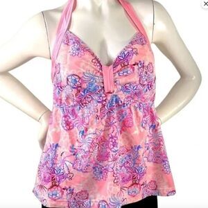 NEW Arizona Jean Co Halter Tankini Swim Top Pinks, Purples, Blues Floral 1X NEW
